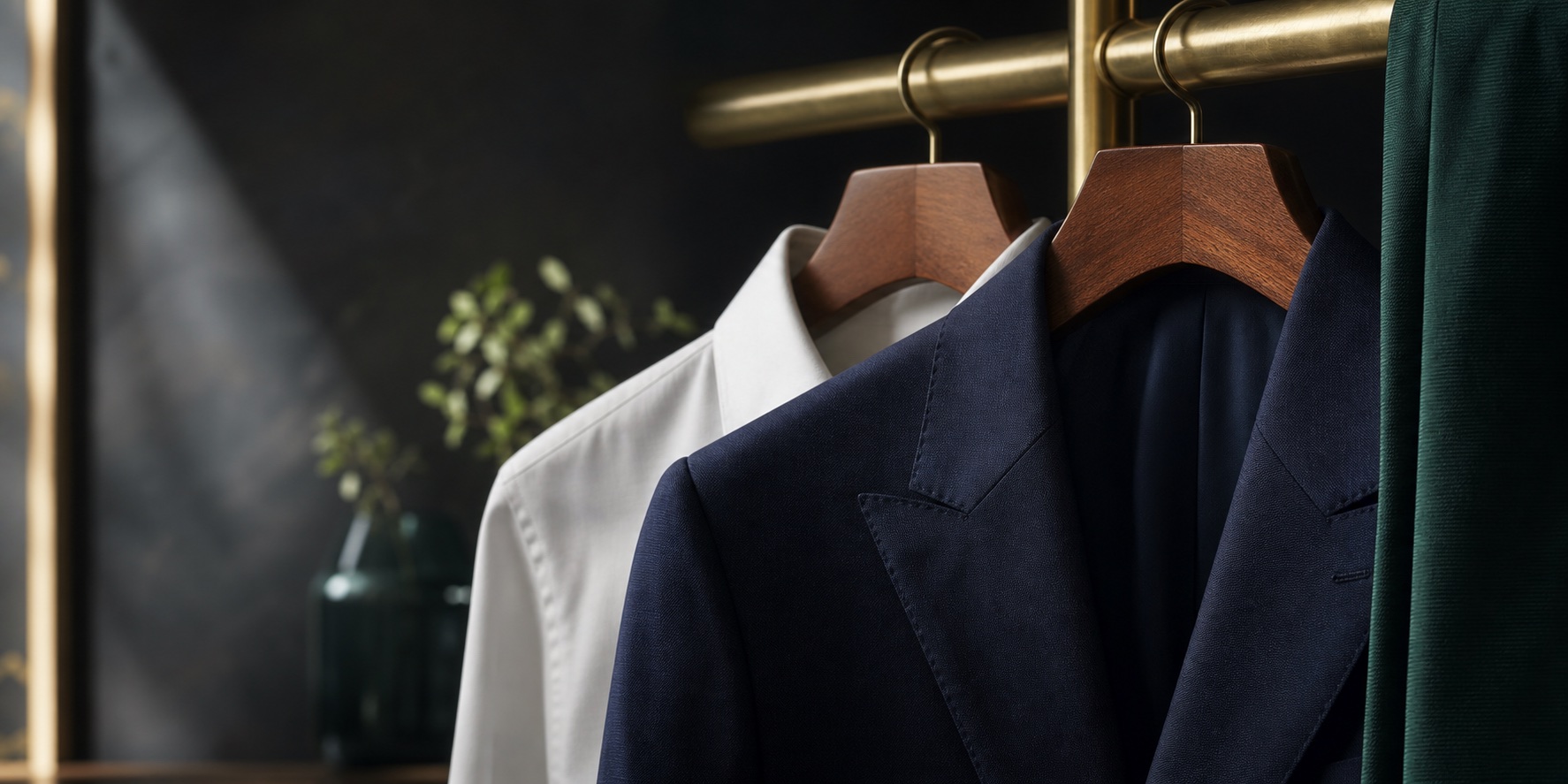 Pressed navy suit jacket and white shirt displayed on wooden hangers